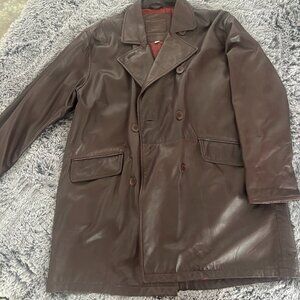 Brown leather Coach trench coat.